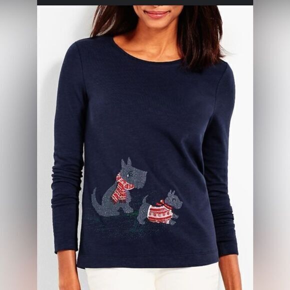 EUC Talbots Women’s Navy Blue Long Sleeve Crew Neck Scotty Dog Motif - Size M - Picture 1 of 6